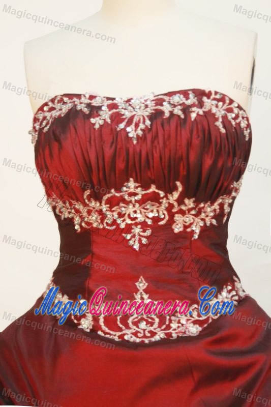 Ruched Bust Strapless Pick Ups Taffeta Wine Red Quinceanera Gowns