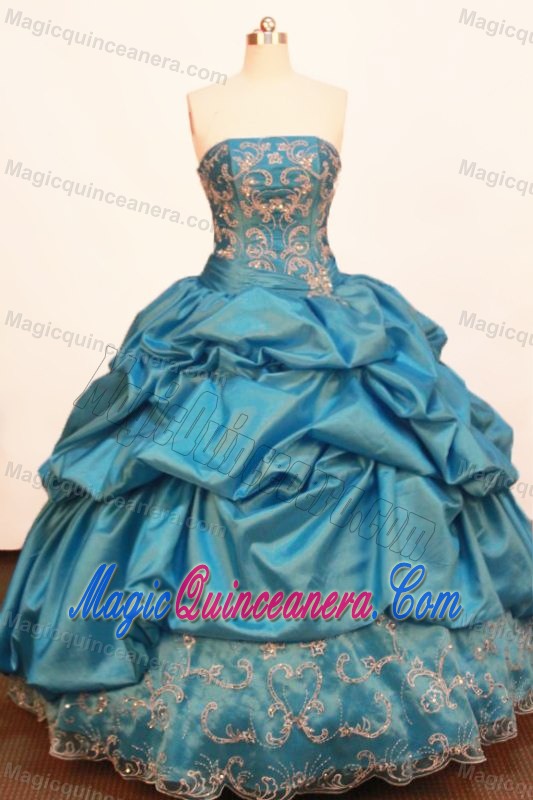 Taffeta Strapless Appliques Pick Ups Floor-length Blue Sweet 16 Dress