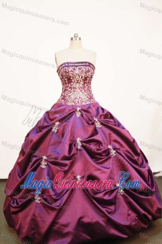 Backless Applique Strapless Taffeta Purple Pick-up Quinceanera Gown