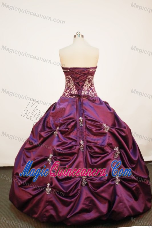 Backless Applique Strapless Taffeta Purple Pick-up Quinceanera Gown