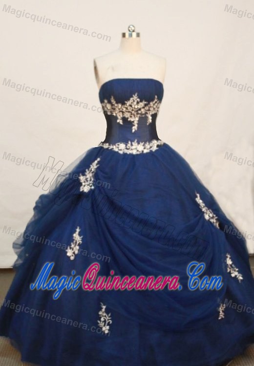 Navy Blue Strapless Appliques Tulle Lace Up Back Quinceanera Dress