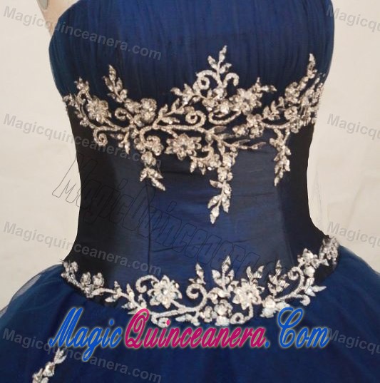 Navy Blue Strapless Appliques Tulle Lace Up Back Quinceanera Dress