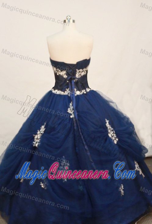 Navy Blue Strapless Appliques Tulle Lace Up Back Quinceanera Dress