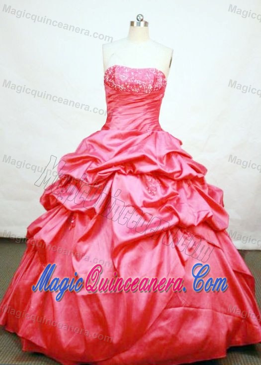 Red Appliques Strapless Pick Ups Lace Up Back Quinceanera Dresses