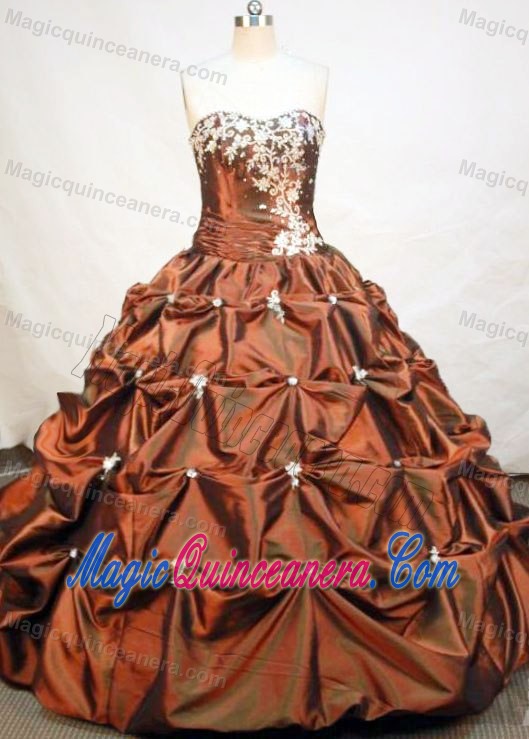 Popular Pick Ups Strapless Appliques Taffeta Brown Quinceanera Dress