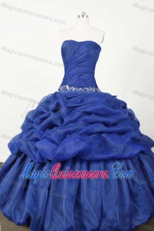 Discount Ruched Embroidery Pick Up Strapless Blue Quinceanera Dress