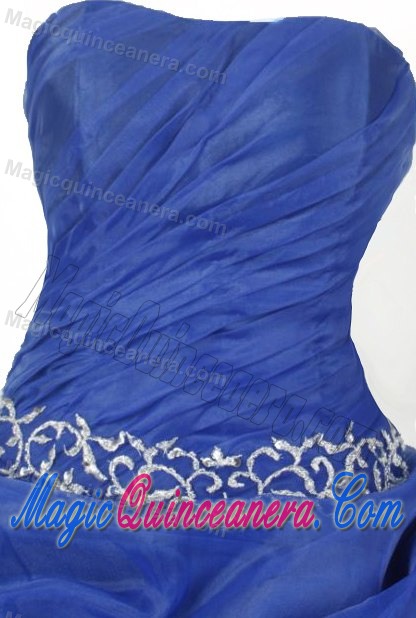 Discount Ruched Embroidery Pick Up Strapless Blue Quinceanera Dress