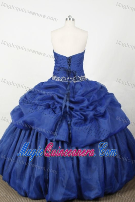 Discount Ruched Embroidery Pick Up Strapless Blue Quinceanera Dress