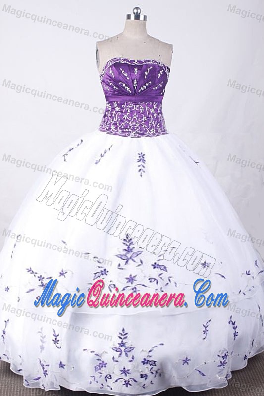 Purple and White Strapless Applique Layer Organza Quinceanera Gown