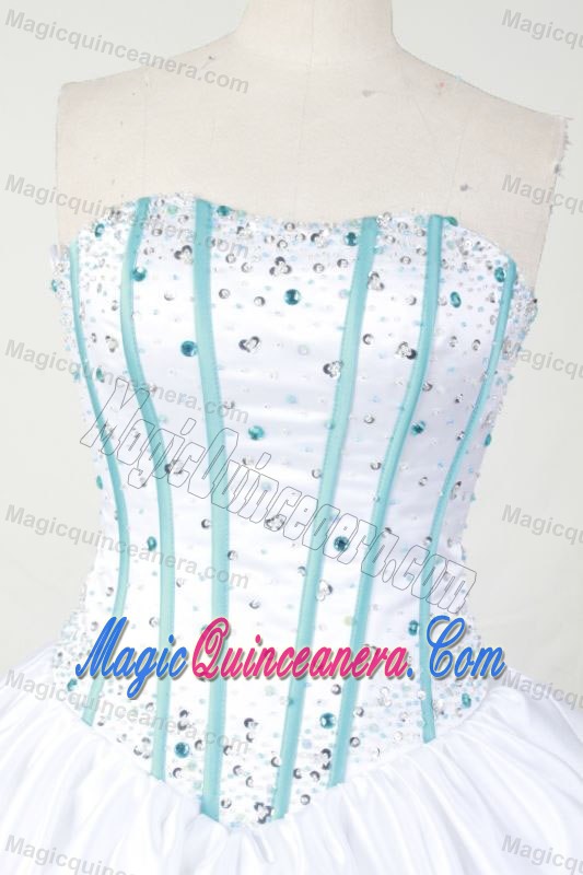 Layers Strapless Beading Blue Hem White Taffeta Quinceanera Dresses