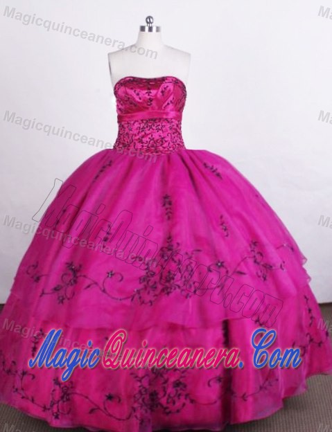 Embroidery Strapless Layers Hot Pink Lace Up Back Quinceanera Gown