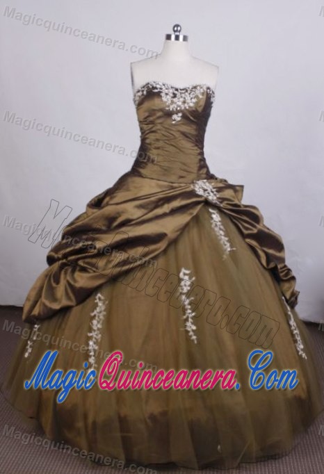 Strapless Applique Beading Pick Ups Brown Lace Up Sweet 16 Dress