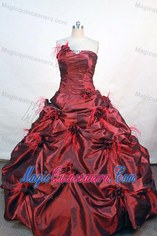 Wine Red strapless Pick Ups Hand Made Flowers Quinceanera Dress