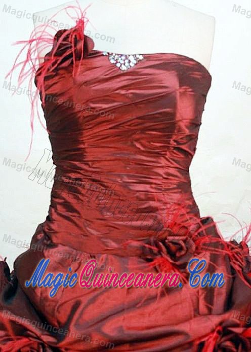 Wine Red strapless Pick Ups Hand Made Flowers Quinceanera Dress