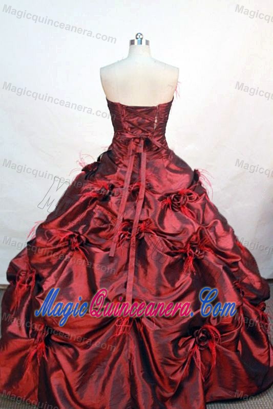 Wine Red strapless Pick Ups Hand Made Flowers Quinceanera Dress