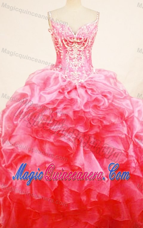 Beading Straps Ruffled Organza watermelon Quinceanera Gowns