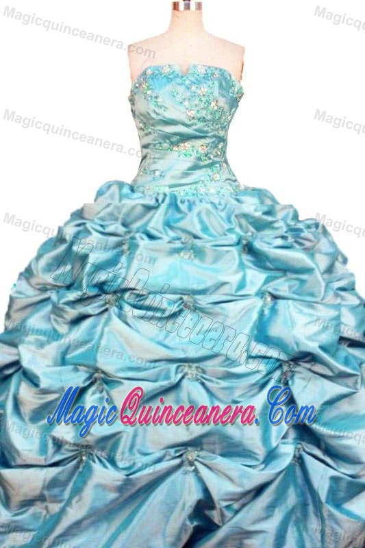 Affordable Pick-ups and Beading Strapless Blue Quinceanera Dresses