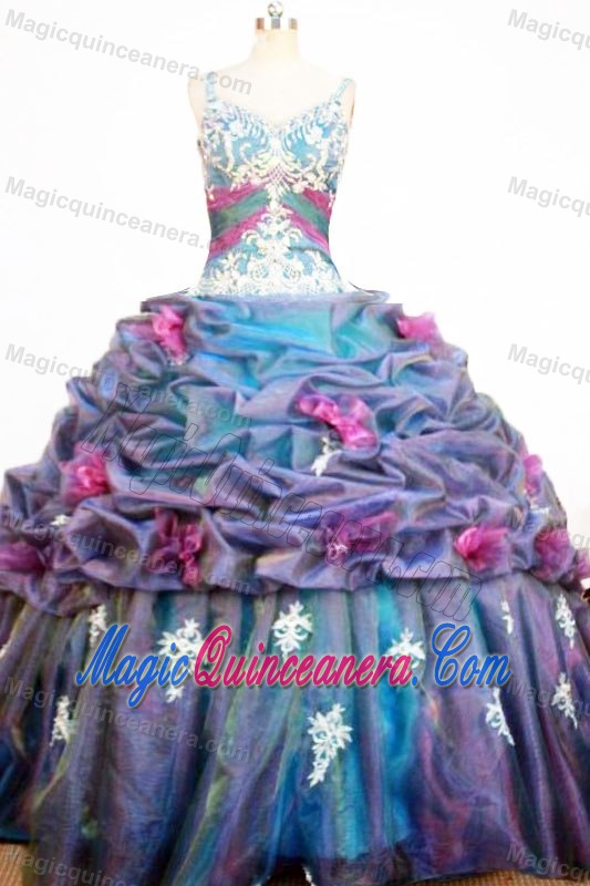 Multi-color Strap Quinceanera Dresses with Pick-ups and Hand Made Flowers