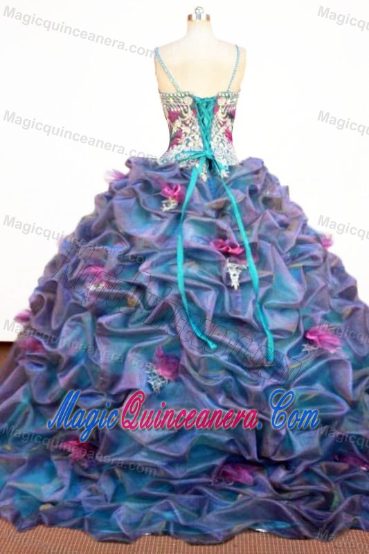 Multi-color Strap Quinceanera Dresses with Pick-ups and Hand Made Flowers