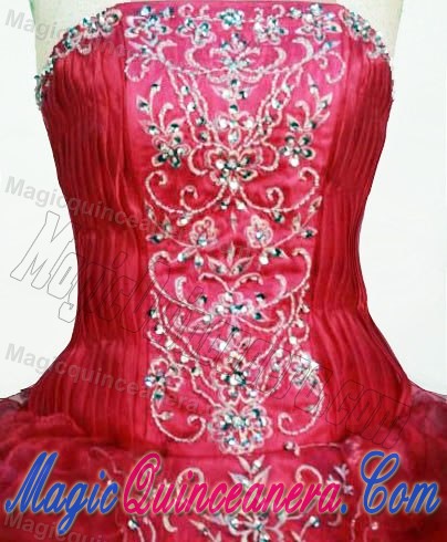Appliques and Ruffles Strapless Organza Quinceanera Dress in Red