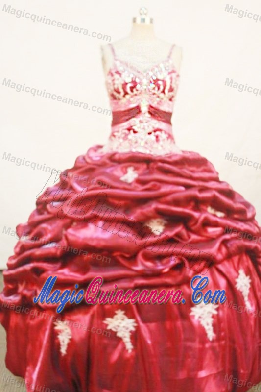 Red Beading Strap Quinceanera Dresses with Appliques and Pick-ups