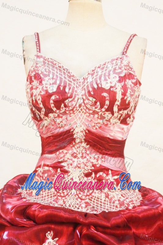 Red Beading Strap Quinceanera Dresses with Appliques and Pick-ups