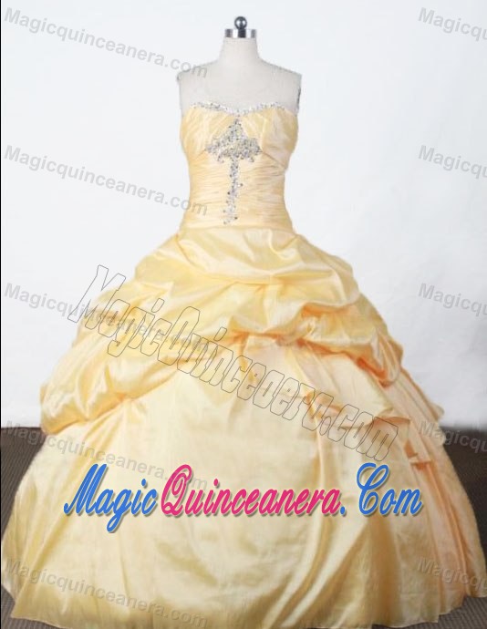 Beading and Pick-ups Strapless Appliques Quincianera Dresses in Yellow