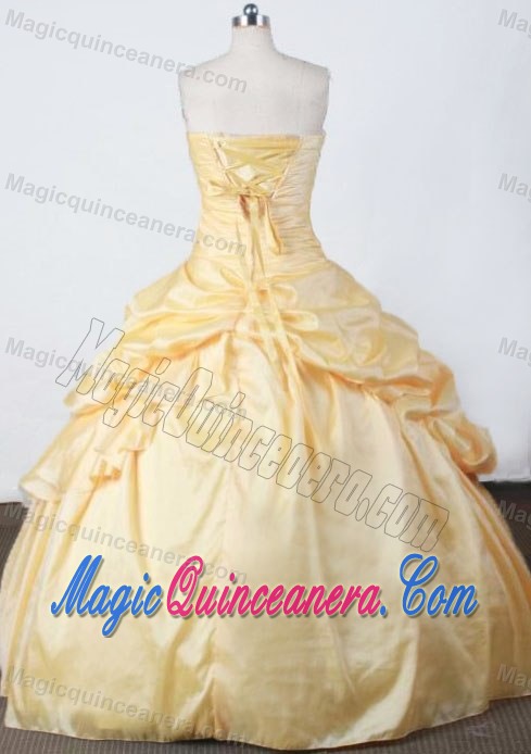 Beading and Pick-ups Strapless Appliques Quincianera Dresses in Yellow