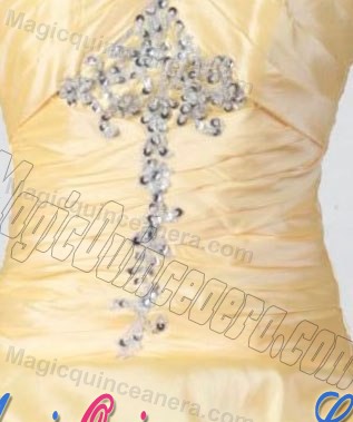 Beading and Pick-ups Strapless Appliques Quincianera Dresses in Yellow