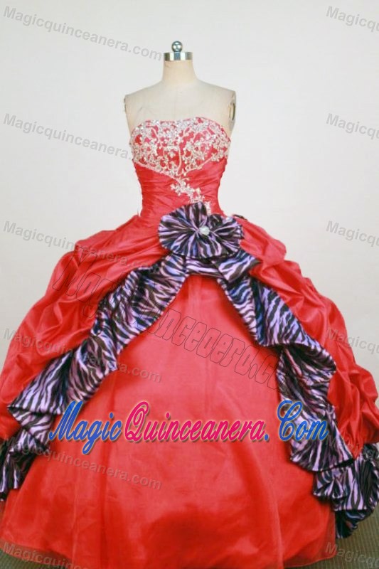 Zebra and Taffeta Strapless Red Beading and Appliques Quinces Dresses