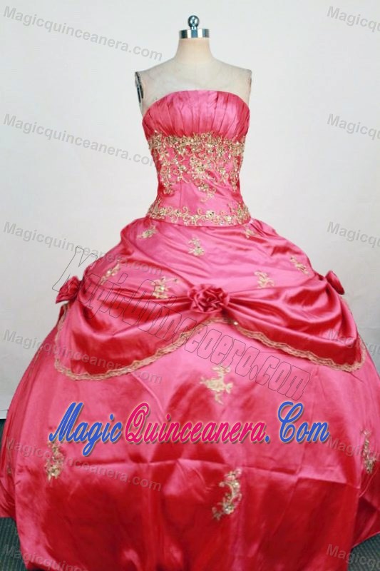 Hand Made Flowers Ruche Red Dresses For 15 with Beading and Appliques