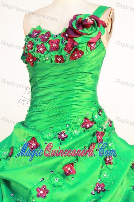 Hand Made Flowers and Ruche One Shoulder Dresses 15 Beading in Green