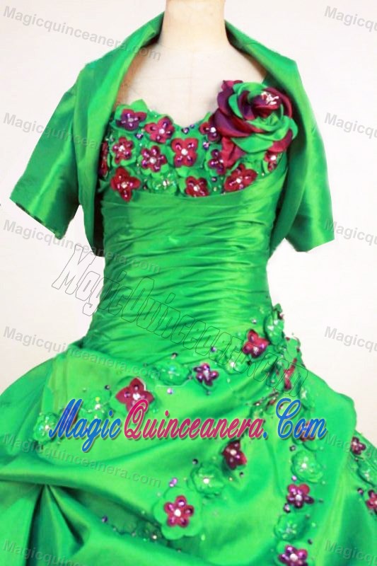 Hand Made Flowers and Ruche One Shoulder Dresses 15 Beading in Green