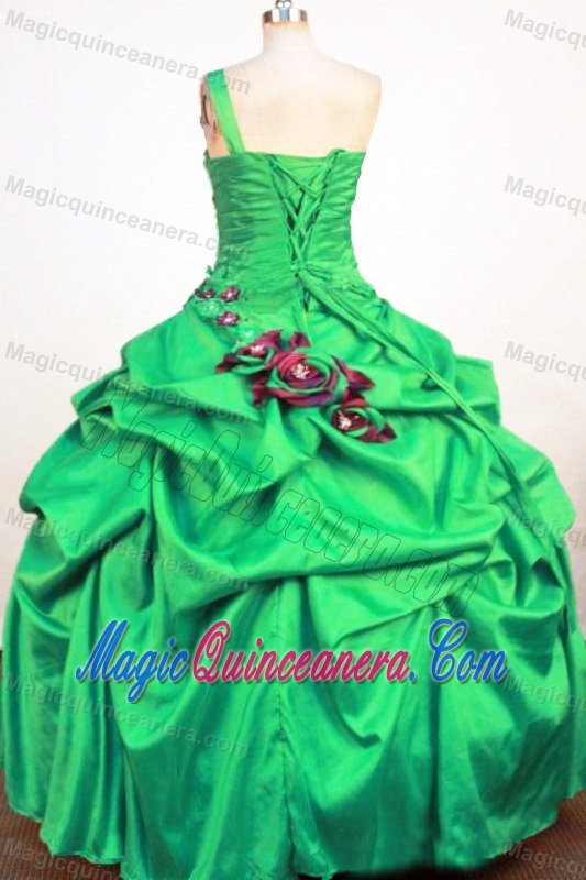 Hand Made Flowers and Ruche One Shoulder Dresses 15 Beading in Green