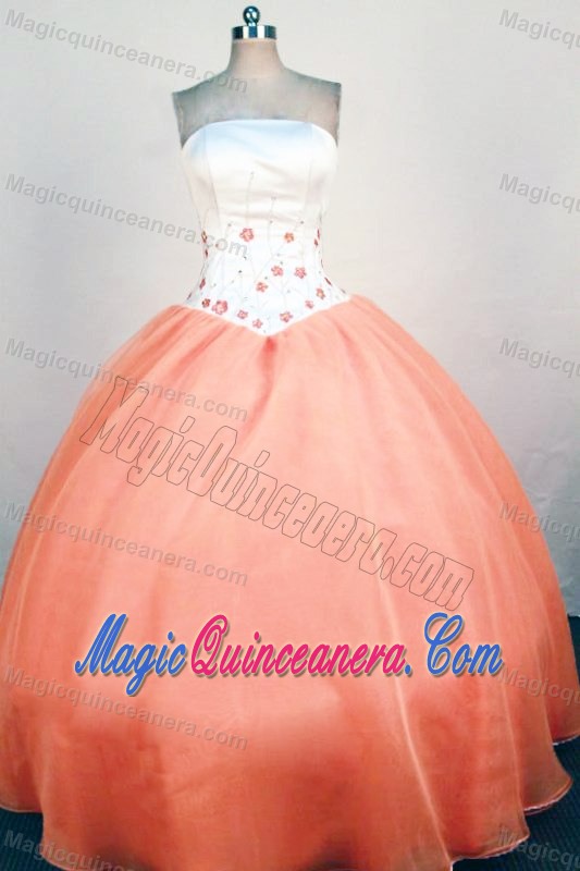 Strapless Orange and White Organza Beading and Appliques Dresses For 15