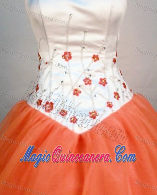 Strapless Orange and White Organza Beading and Appliques Dresses For 15