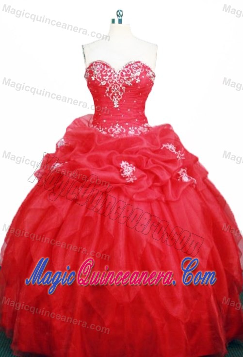 Modest Beading Sweetheart Red Organza Appliques Sweet 15 Dresses