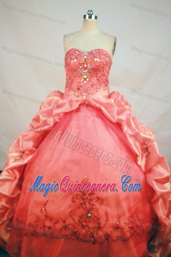 Beading Sweetheart Orange Red Taffeta Appliques Quincianera Dresses