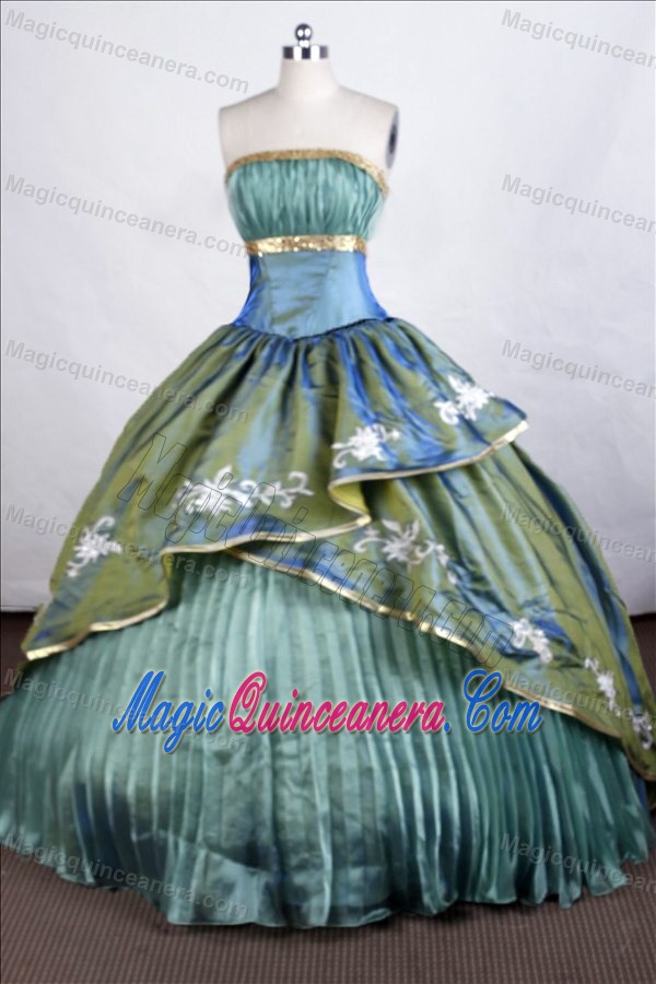 Ruching Oliver Green Strapless Floor-length Appliques Taffeta Dresses For 15