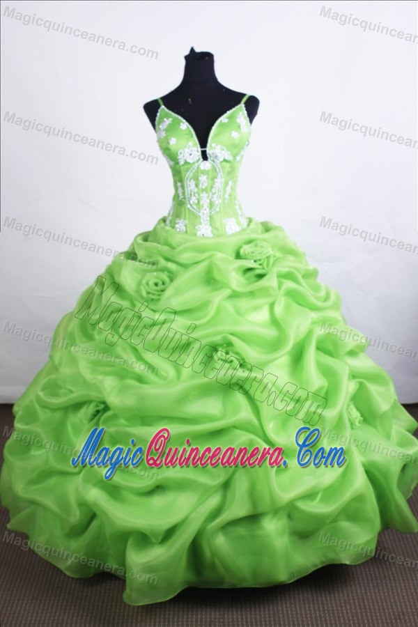 Straps Hand Made Flowers and Appliques Quinceanera Dresses in Spring Green