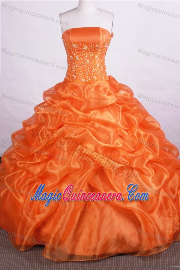 Orange Strapless Floor-length Sweet 16 Dresses with Beading and Pick-ups