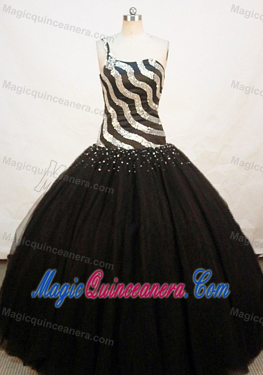 Beading One shoulder Floor-length Sequins and Tulle Quinceanera Gowns