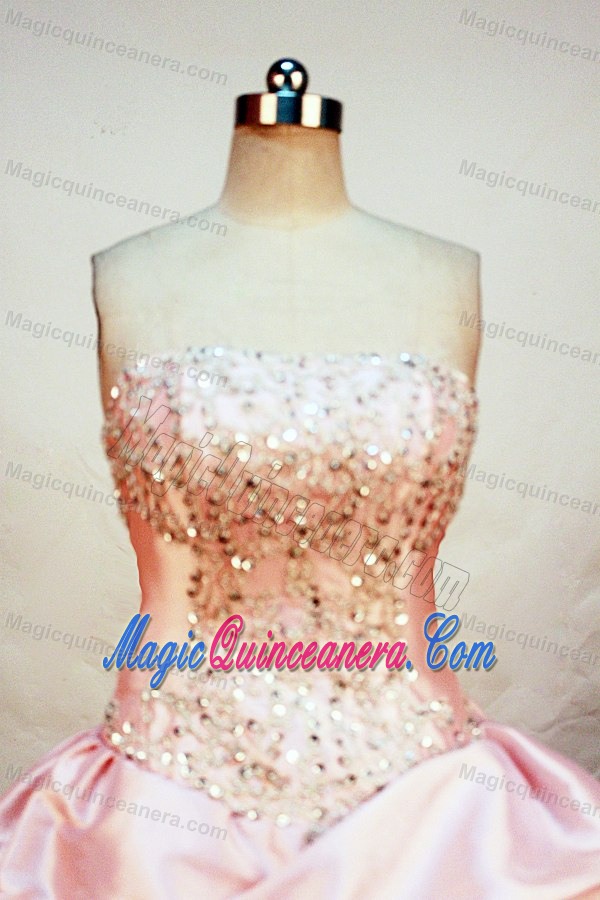 Baby pink Strapless Organza Floor-length Beading Dresses For a Quinceanera