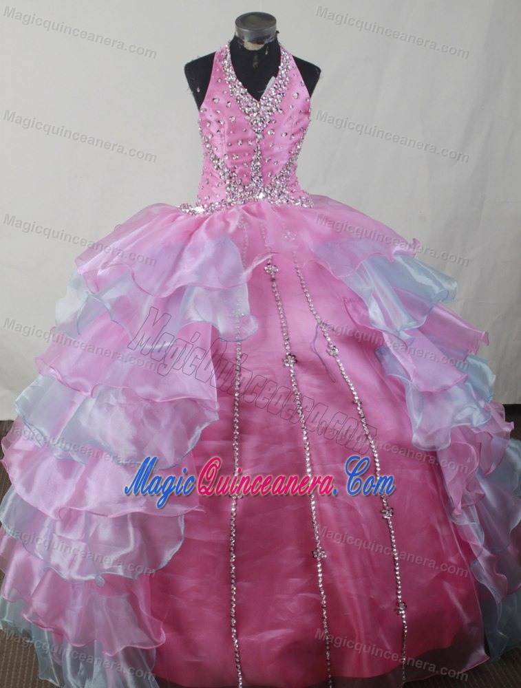 Multi-color Beading Halter Floor-length Layers Dresses For a Quinceanera