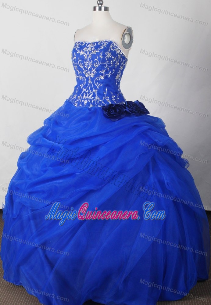 Hand Made Flowers Strapless Beading Floor-length Quinceanera Dress in Blue