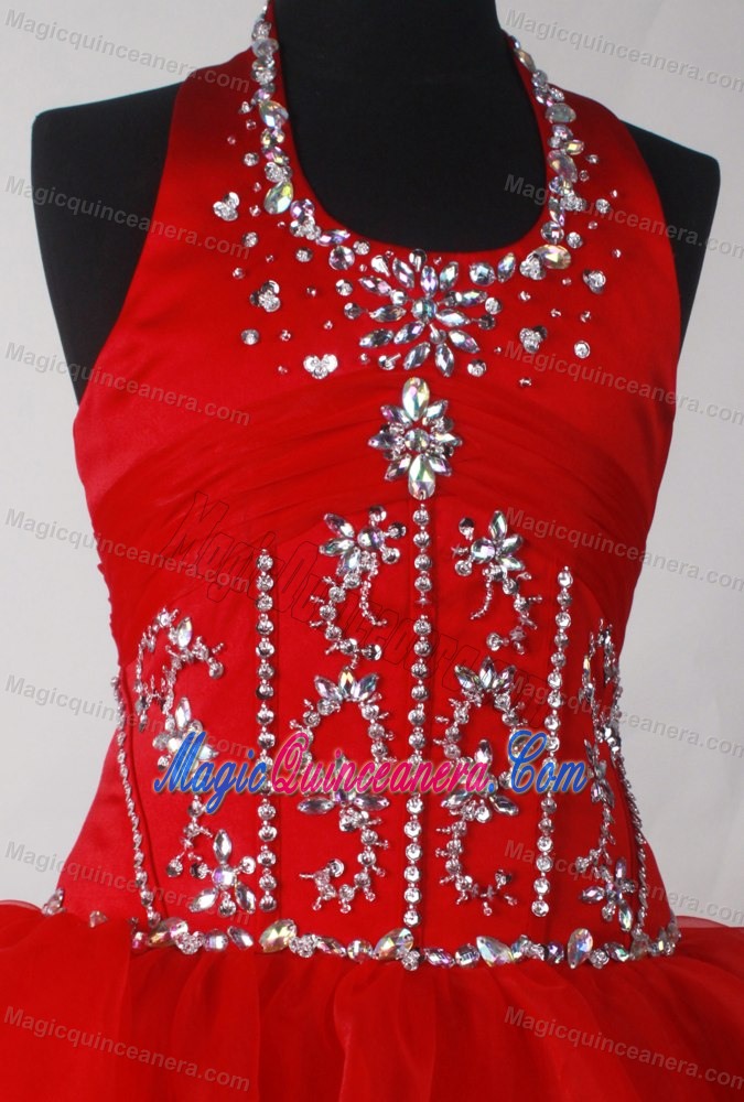 Beading Halter Ruching Red Quinceanera Dress with Ruffled Layers
