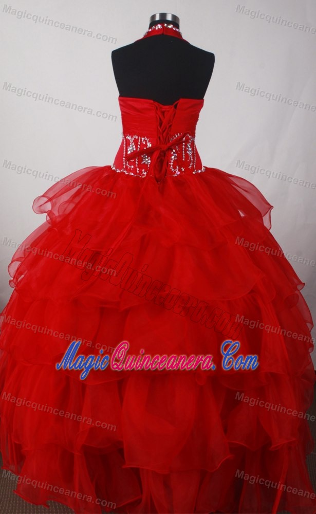 Beading Halter Ruching Red Quinceanera Dress with Ruffled Layers