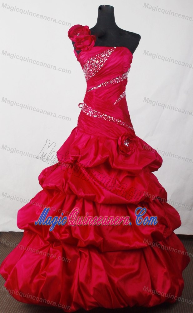 Hand Made Flowers One Shoulder red Floor-length Beading Quinceanera Gowns