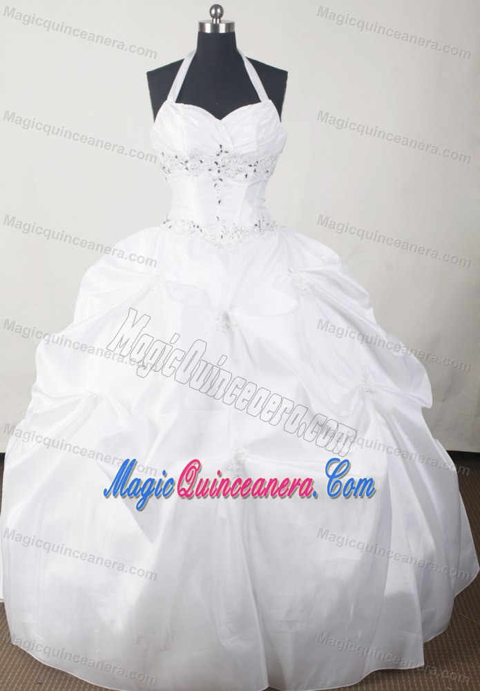 Halter Ruching White Beading and Pick-ups Dresses For Quinceaneras