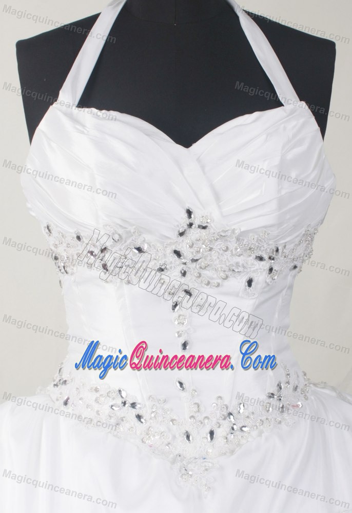 Halter Ruching White Beading and Pick-ups Dresses For Quinceaneras
